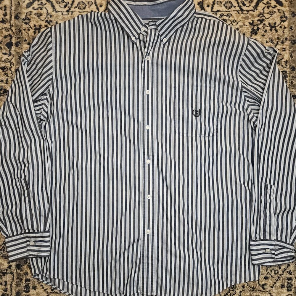 Chaps Easy Care Striped Button Down Shirt Navy Blue Mens XXL Business Casual
